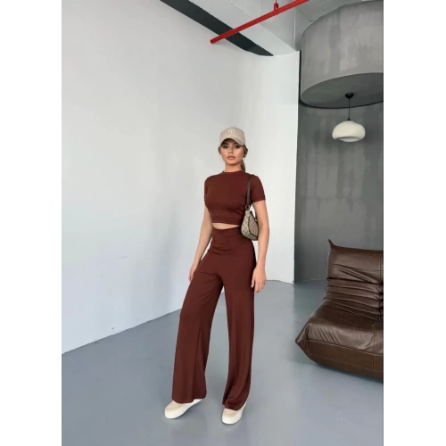 Osy Modal Yumuşak Dokulu Kumaş Kısa Kollu Crop Rahat Pantalon ikili Takım - Kahverengi
