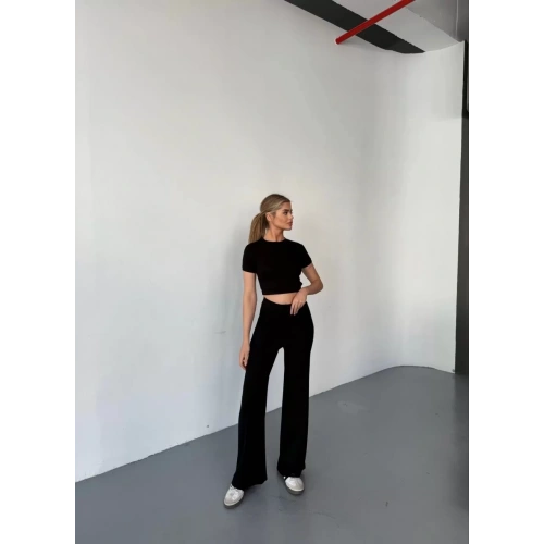 Osy Modal Yumuşak Dokulu Kumaş Kısa Kollu Crop Rahat Pantalon ikili Takım - Siyah