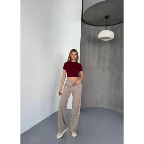 Osy Modal Yumuşak Dokulu Kumaş Nakış işlemeli Rahat Bol Paça Eşofman Pantalon - Bej