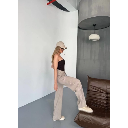 Osy Modal Yumuşak Dokulu Kumaş Nakış işlemeli Rahat Bol Paça Eşofman Pantalon - Bej