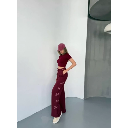 Osy Modal Yumuşak Dokulu Kumaş Nakış işlemeli Rahat Bol Paça Eşofman Pantalon - Bordo