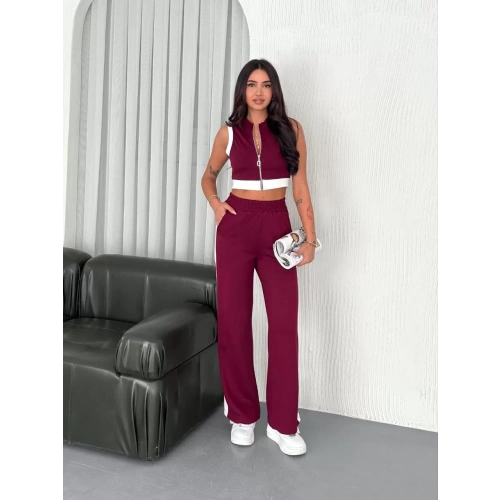 Osy Modal Yumuşak Dokulu Kumaş Tam Fermuarlı Crop Pantalon İkili Takım - Bordo