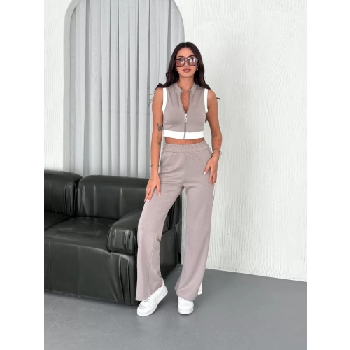 Osy Modal Yumuşak Dokulu Kumaş Tam Fermuarlı Crop Pantalon İkili Takım - Gri