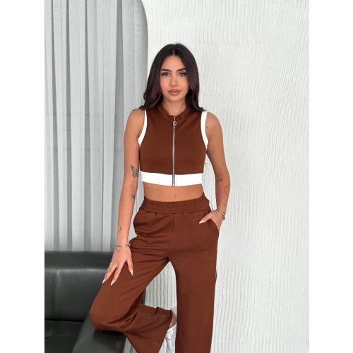 Osy Modal Yumuşak Dokulu Kumaş Tam Fermuarlı Crop Pantalon İkili Takım - Kahverengi