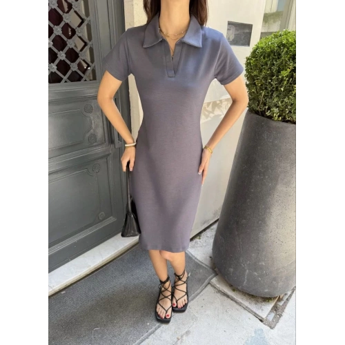 Osy Modal Yumuşak Dokulu Kumaş Yakalı Kısa Kollu Elbise - Füme