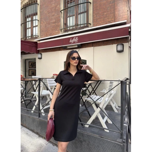 Osy Modal Yumuşak Dokulu Kumaş Yakalı Kısa Kollu Elbise - Siyah