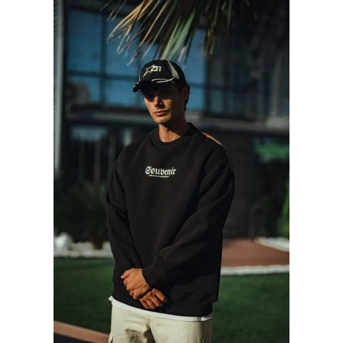 Oversize Bisiklet Yaka Baskılı SweatShirt - Siyah