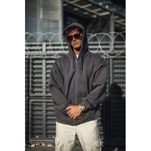 Oversize Tam Fermuarlı Uzun Kol Hırka - Füme