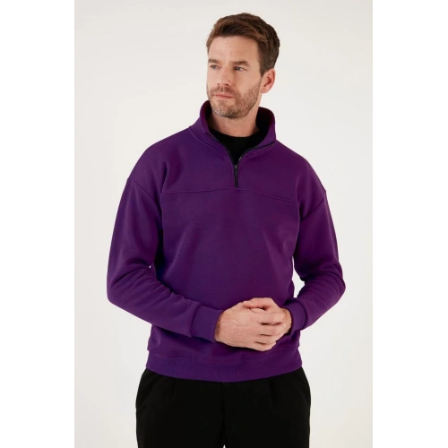 Oversize Yarım Farmuarlı Yakalı Basic SweatShirt - Mor