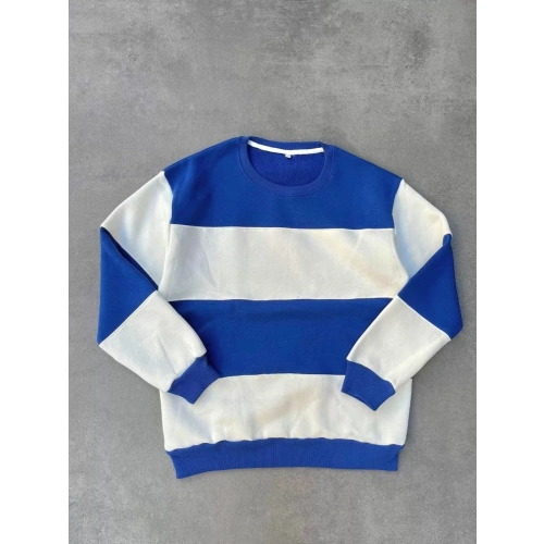 Parçalı Bisiklet Yaka Baskılı SweatShirt - Mavi