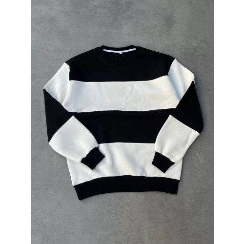 Parçalı Bisiklet Yaka Baskılı SweatShirt - Siyah