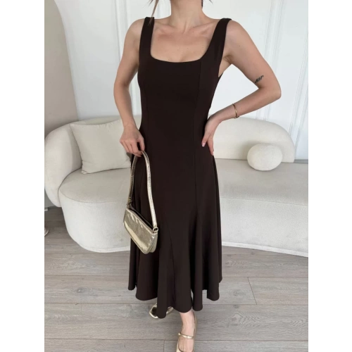 Sırt Dekolteli Kolsuz Uzun Elbise - Kahverengi