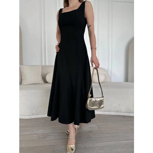 Sırt Dekolteli Kolsuz Uzun Elbise - Siyah