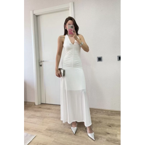 Sırt dekolteli Uzun Kollu Elbise - Beyaz