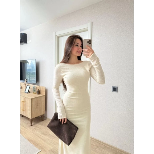 Sırt dekolteli Uzun Kollu Elbise - Kırık Beyaz