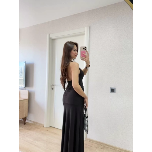 Sırt dekolteli Uzun Kollu Elbise - Siyah