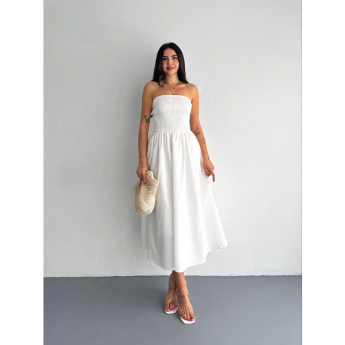 Straplez Pileli Elbise - Beyaz