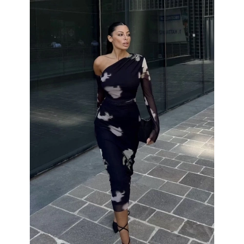 Tek Omuz asimetrik Desenli Uzun Şifon Elbise - Siyah