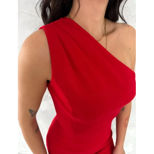 Tek Omuzlu Kolsuz Mini Boy Elbise - Kırmızı