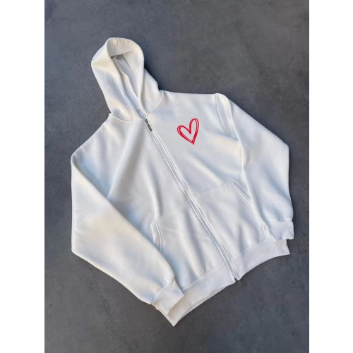 Üç İplik Baskılı Fermuarlı Kapüşonlu Hırka - Beyaz