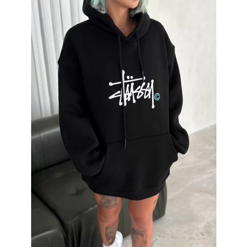 Üç İplik Kapşonlu Baskılı SweatShirt - Siyah