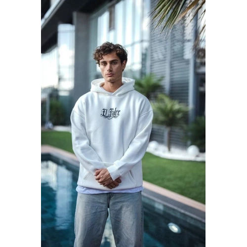 Üç İplik Penye Kapşonlu Baskılı SweatShirt - Beyaz