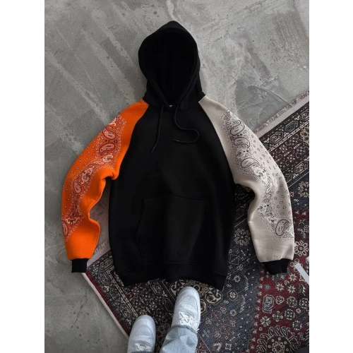 Üç İplik Penye Kapşonlu Parçalı SweatShirt - Siyah