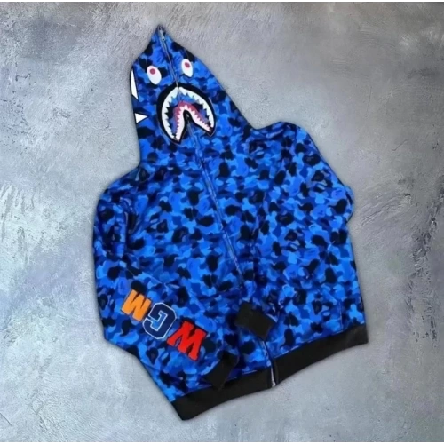 Unisex 2 İplik Bape Kapüşonu Fermuarlı Hırka - Mavi