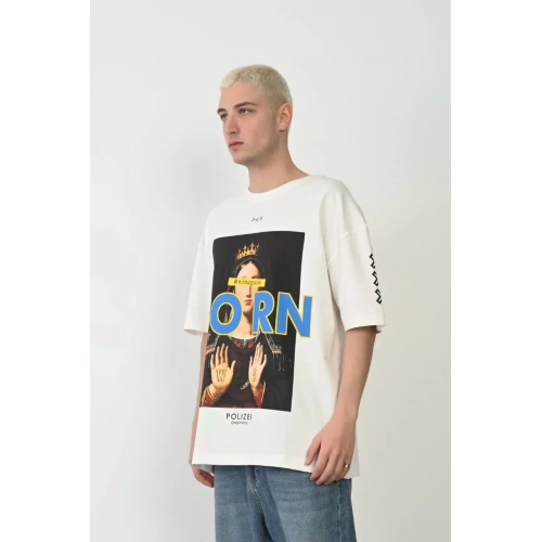 Unisex Baskılı Bisiklet Yaka Oversize T-Shirt - Beyaz