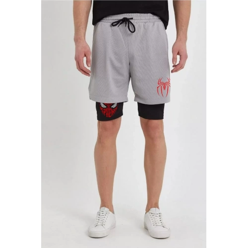 Unisex Baskılı İç Cepli Sporcu Alt Taytlı Şort - Gri