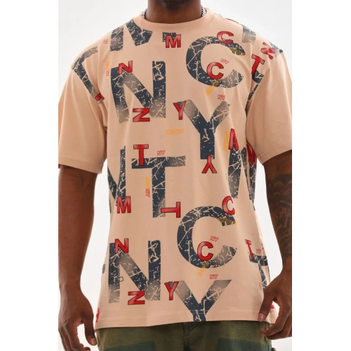 Unisex Baskılı Oversize T-Shirt - Bej