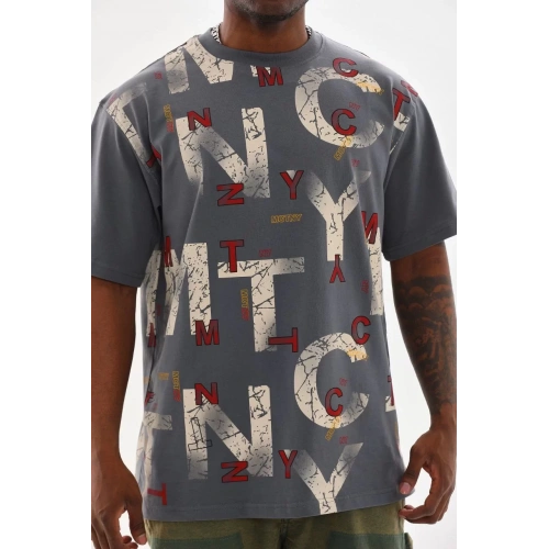 Unisex Baskılı Oversize T-Shirt - Füme