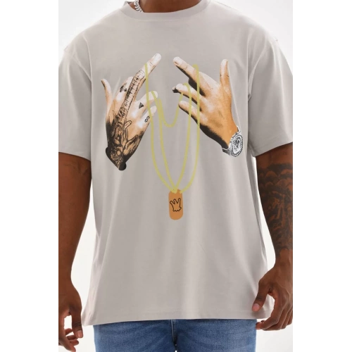 Unisex Baskılı Oversize T-Shirt - Gri