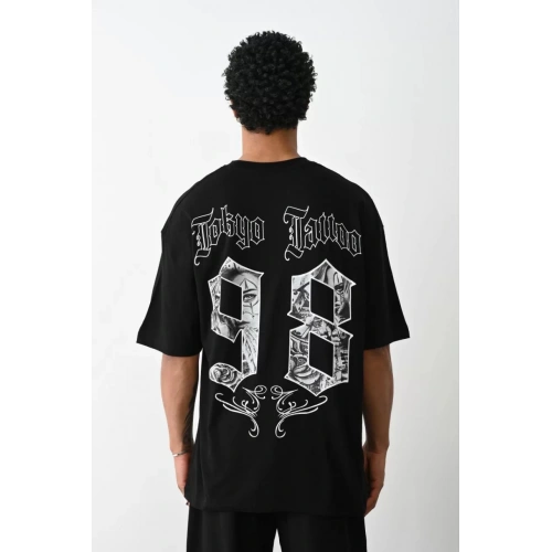 Unisex Baskılı Oversize T-Shirt - Siyah