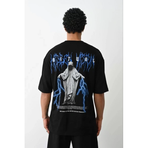 Unisex Baskılı Oversize T-Shirt - Siyah