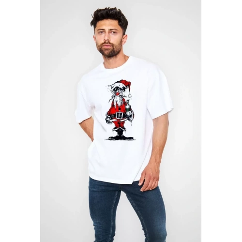 Unisex Bisiklet Yaka Baskılı Oversize T-Shirt - Beyaz