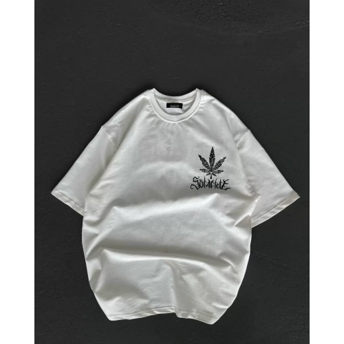 Unisex Bisiklet Yaka Baskılı Oversize T-Shirt - Beyaz