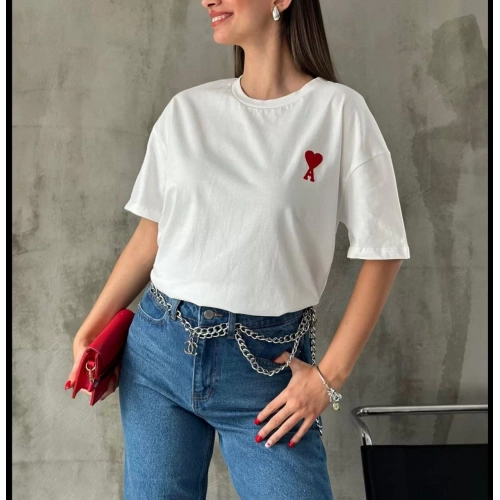 Unisex Bisiklet Yaka Baskılı Oversize T-Shirt - Beyaz