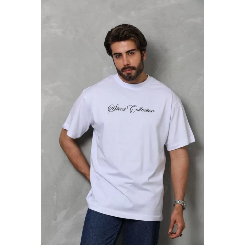 Unisex Bisiklet Yaka Baskılı Oversize T-Shirt - Beyaz