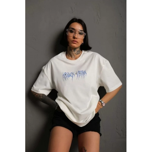 Unisex Bisiklet Yaka Baskılı Oversize T-Shirt - Beyaz