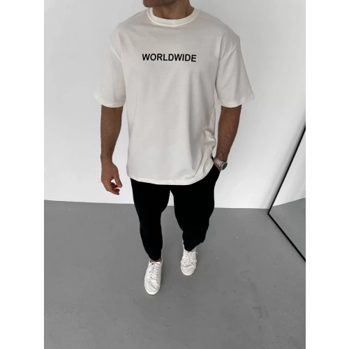 Unisex Bisiklet Yaka Baskılı Oversize T-Shirt - Beyaz