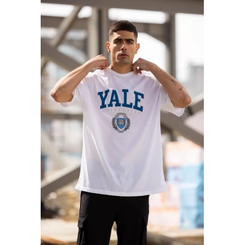 Unisex Bisiklet Yaka Baskılı Oversize T-Shirt - Beyaz