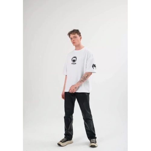 Unisex Bisiklet Yaka Baskılı Oversize T-Shirt - Beyaz