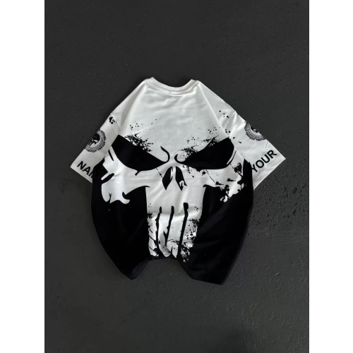 Unisex Bisiklet Yaka Baskılı Oversize T-Shirt - Beyaz