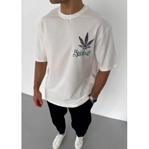 Unisex Bisiklet Yaka Baskılı Oversize T-Shirt - Beyaz