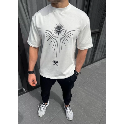 Unisex Bisiklet Yaka Baskılı Oversize T-Shirt - Beyaz