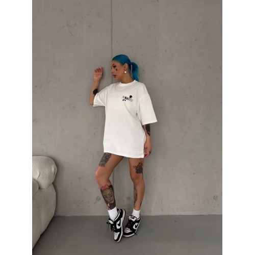 Unisex Bisiklet Yaka Baskılı Oversize T-Shirt - Beyaz