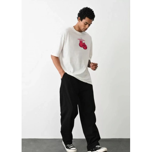 Unisex Bisiklet Yaka Baskılı Oversize T-Shirt - Beyaz