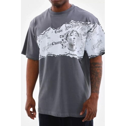 Unisex Bisiklet Yaka Baskılı Oversize T-Shirt - Gri