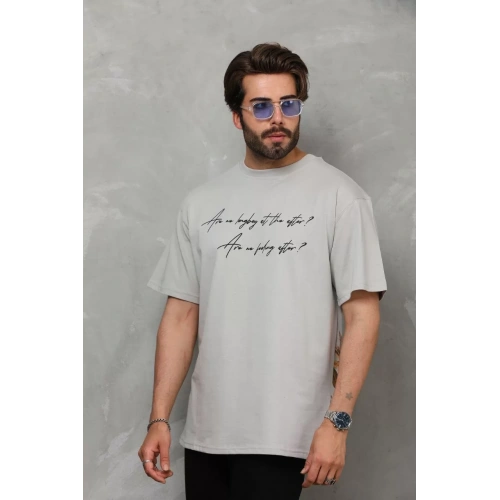 Unisex Bisiklet Yaka Baskılı Oversize T-Shirt - Gri